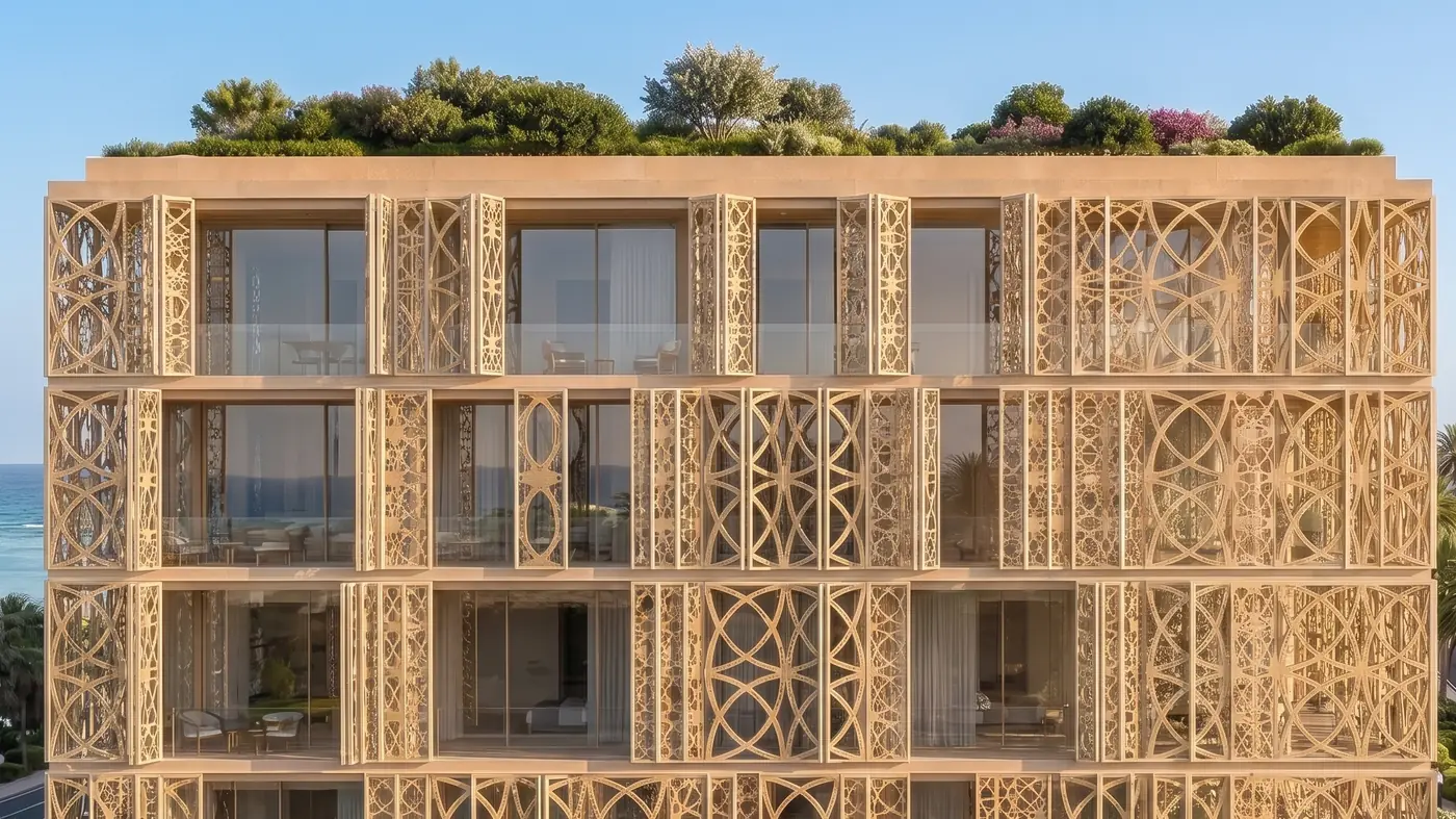 Hand-carved facades shade every terrace in the coastal light.